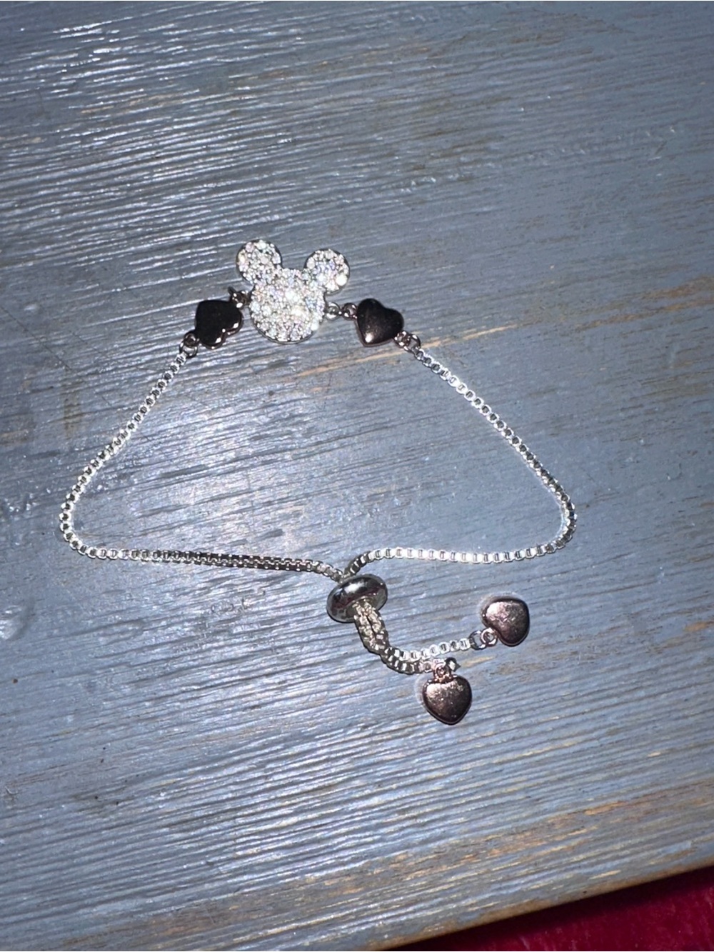 Silver-Tone Cubic Zirconia Mickey Mouse & Heart Adjustable Bracelet